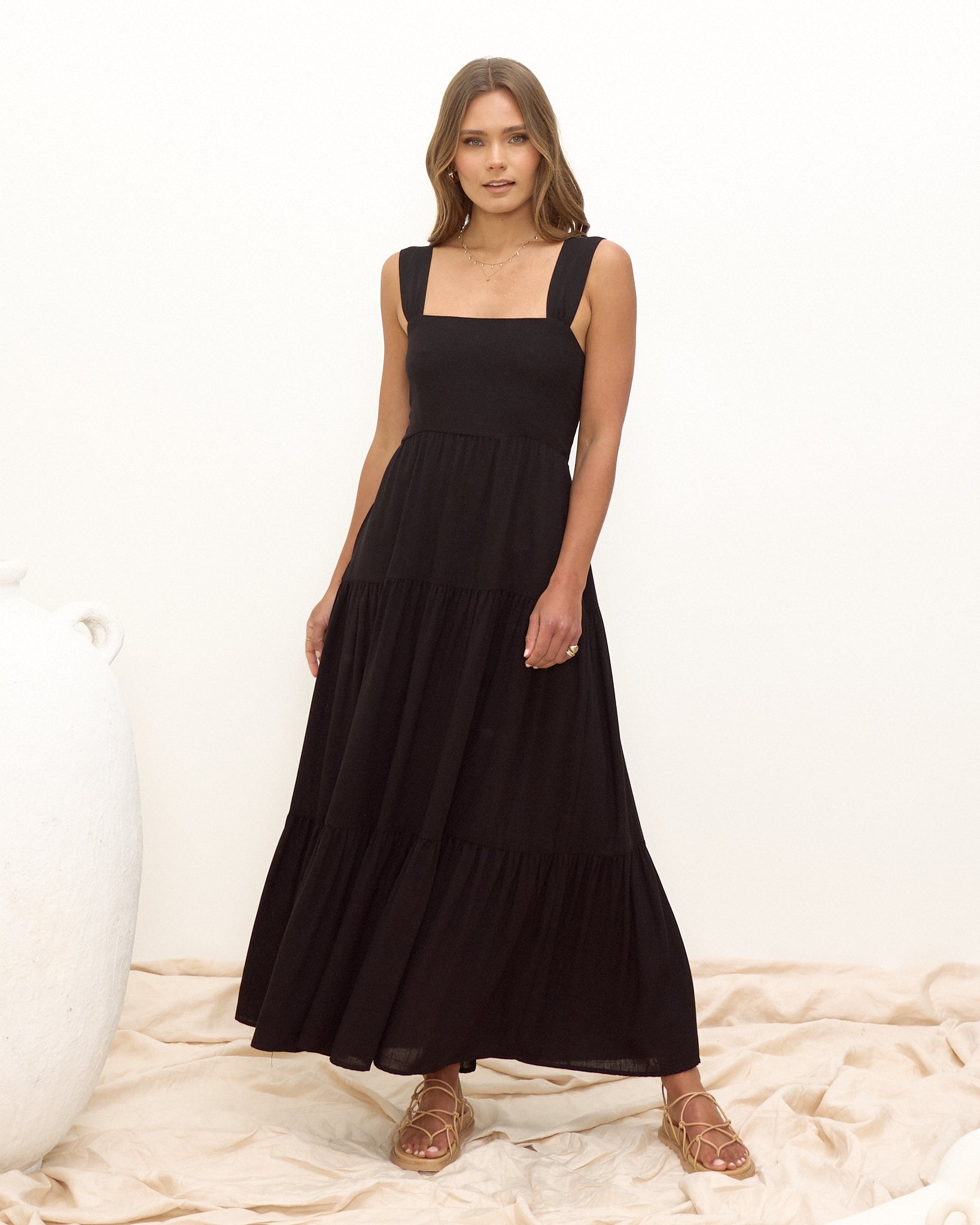 Myah Black Tiered Midi Dress