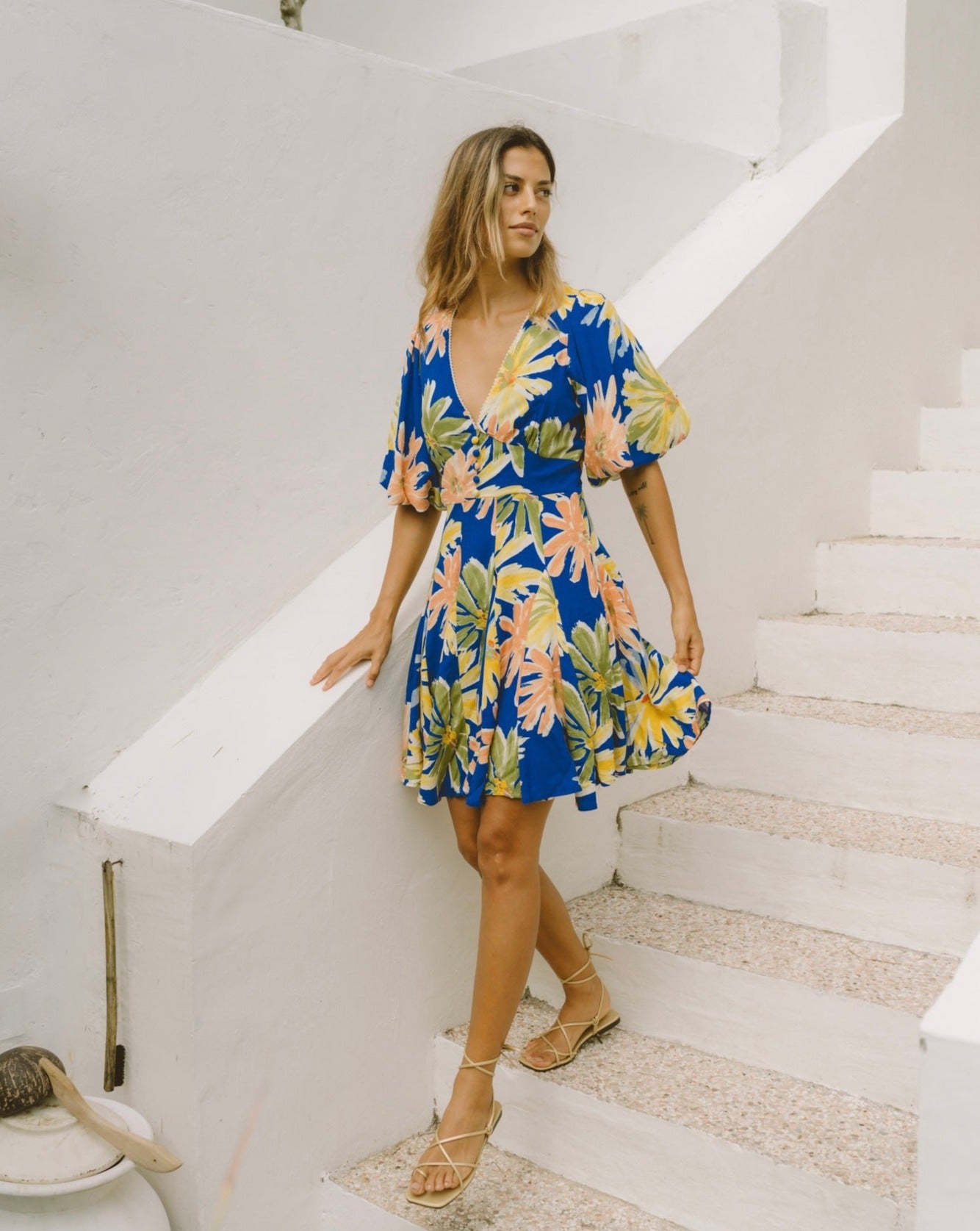 Zion Blue Floral Godet Mini Dress