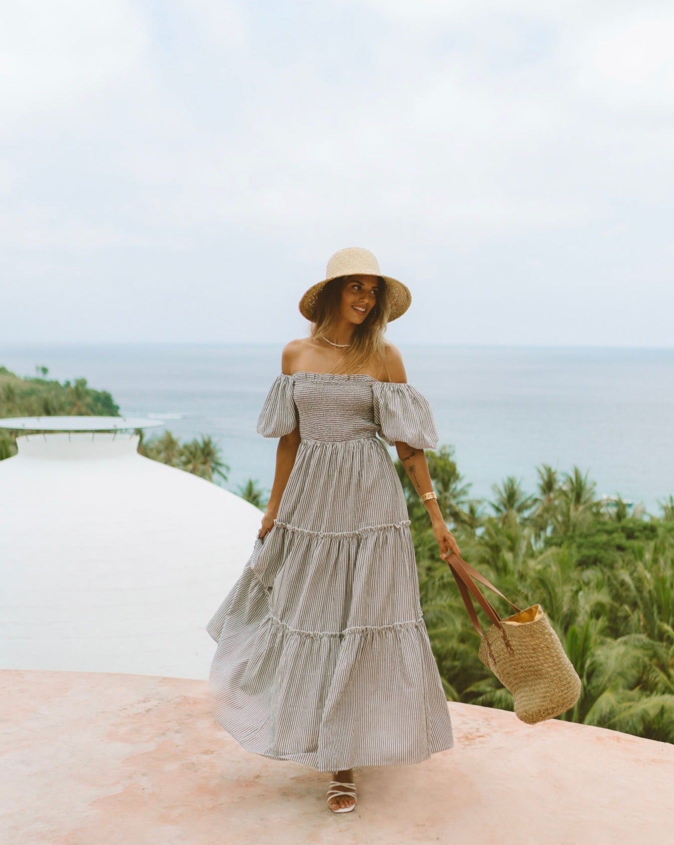 Raleigh Grey Stripe Puff Sleeve Midi Dress