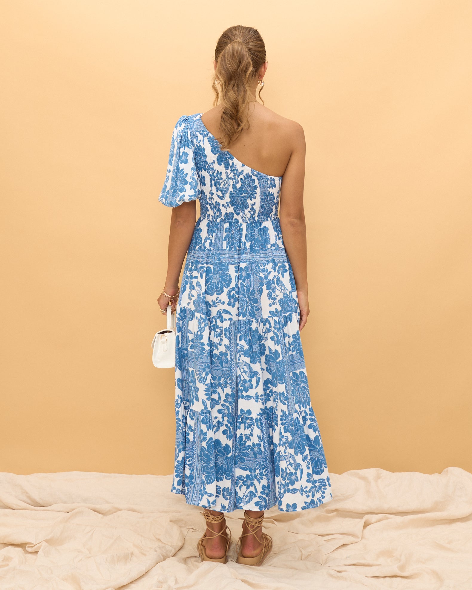 Tatiana Blue Floral Boho One Shoulder Midi Dress