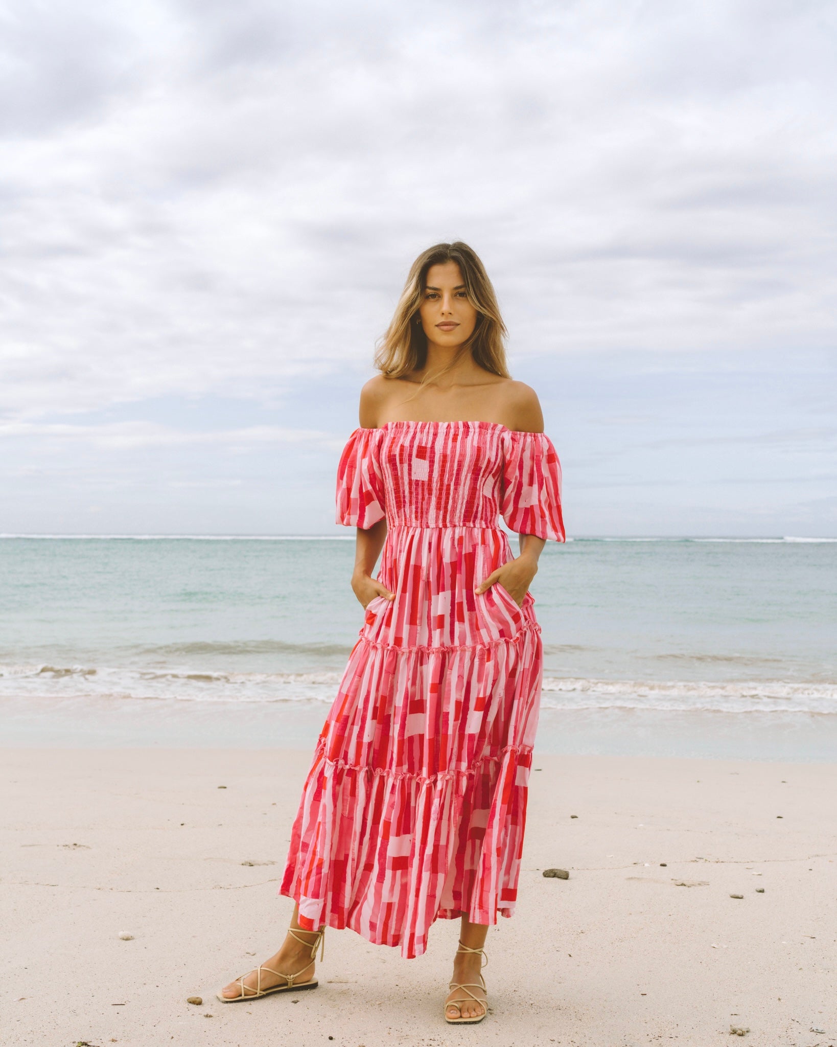 Wania Pink Abstract Puff Sleeves Midi Dress