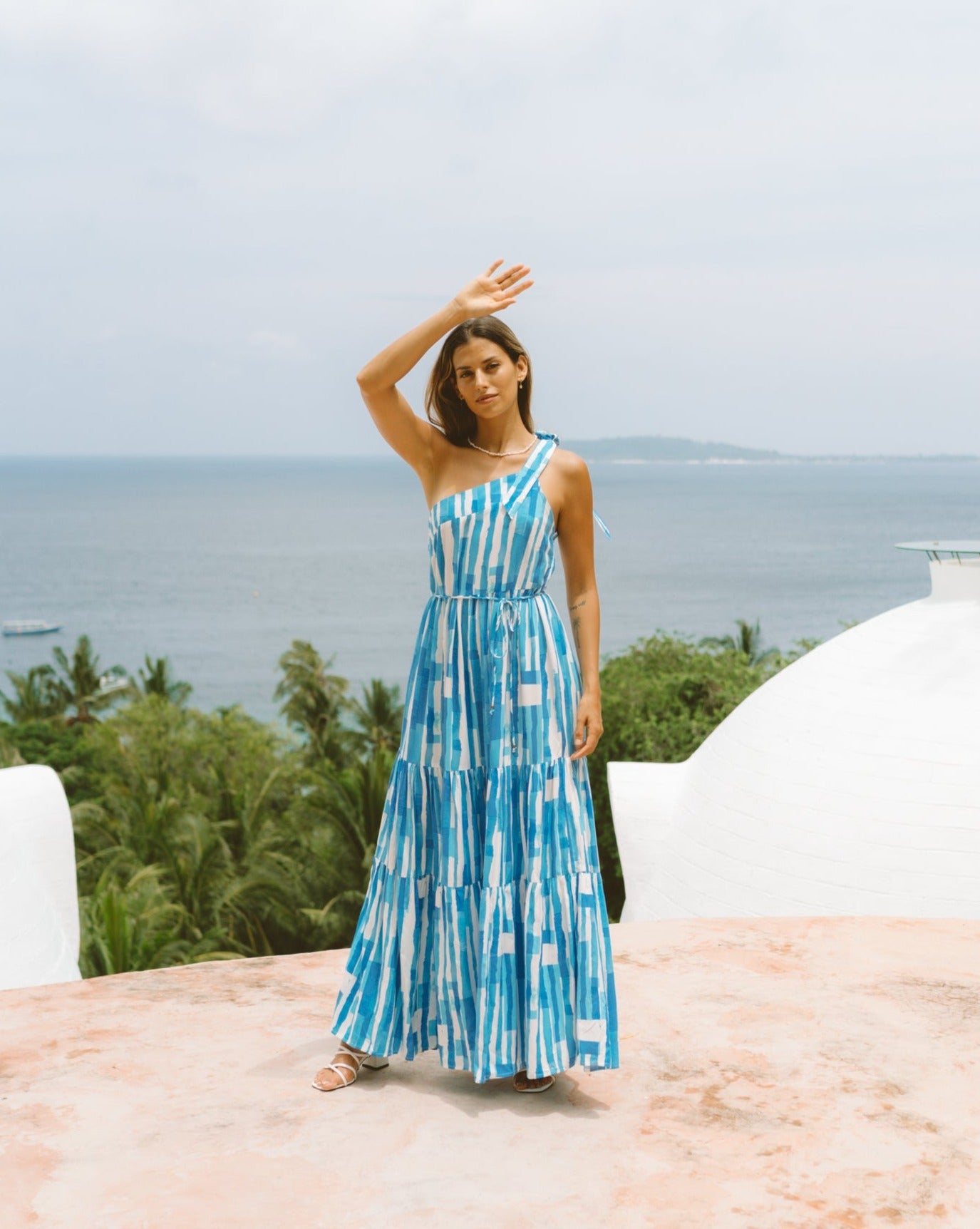 Umu Blue Abstract One Shoulder Maxi Dress