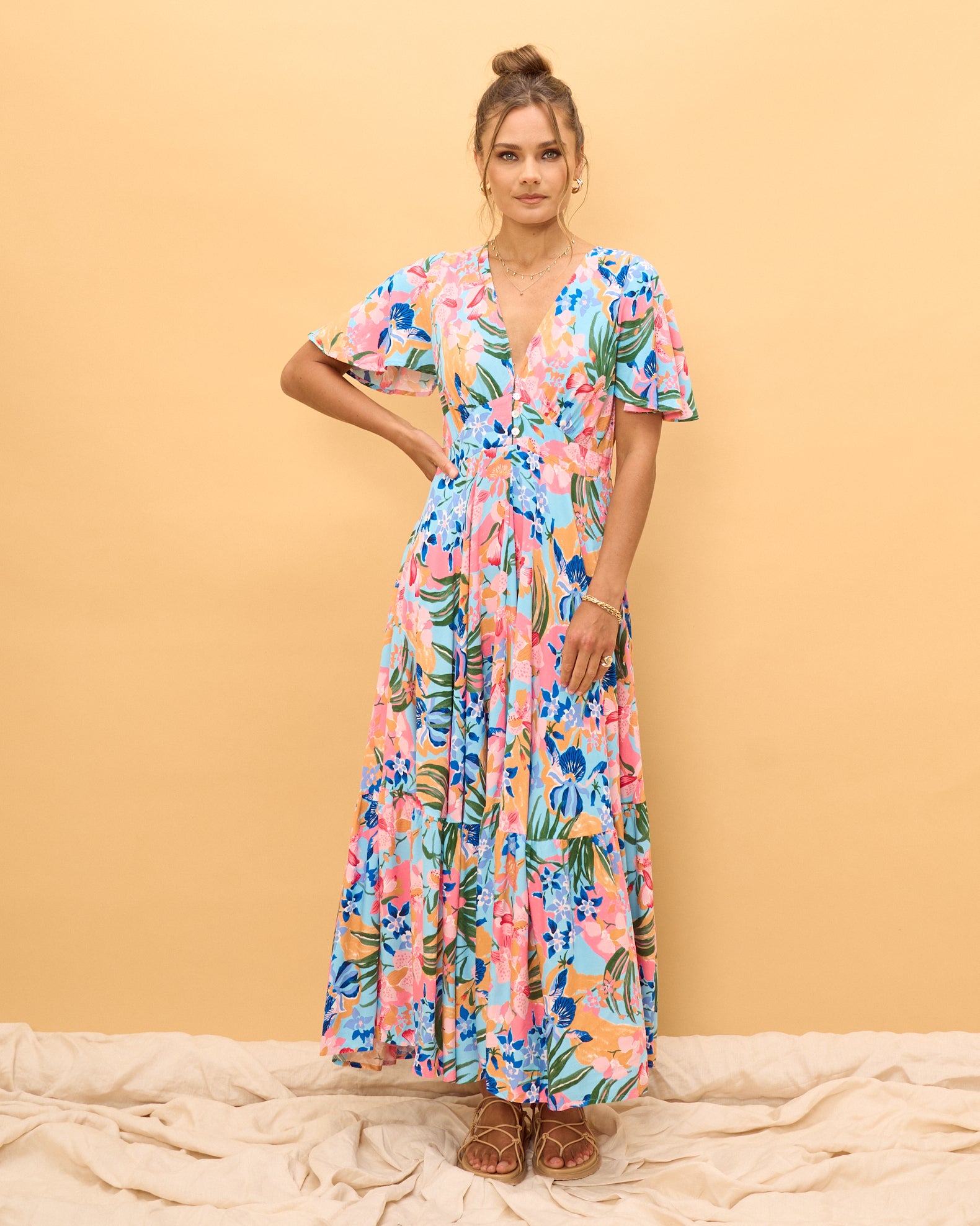 Iridiana Pink Blue Floral Midi Dress