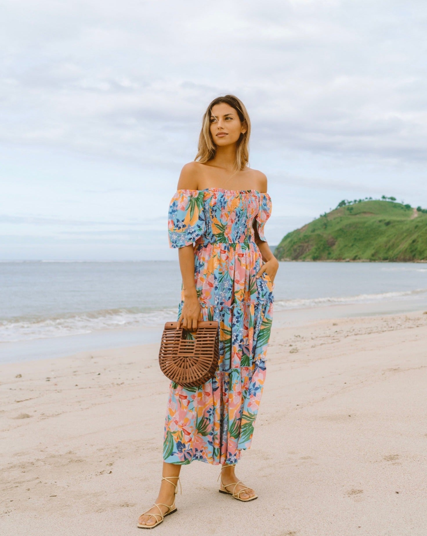 Iridiana Pink Blue Floral Tiered Midi Dress