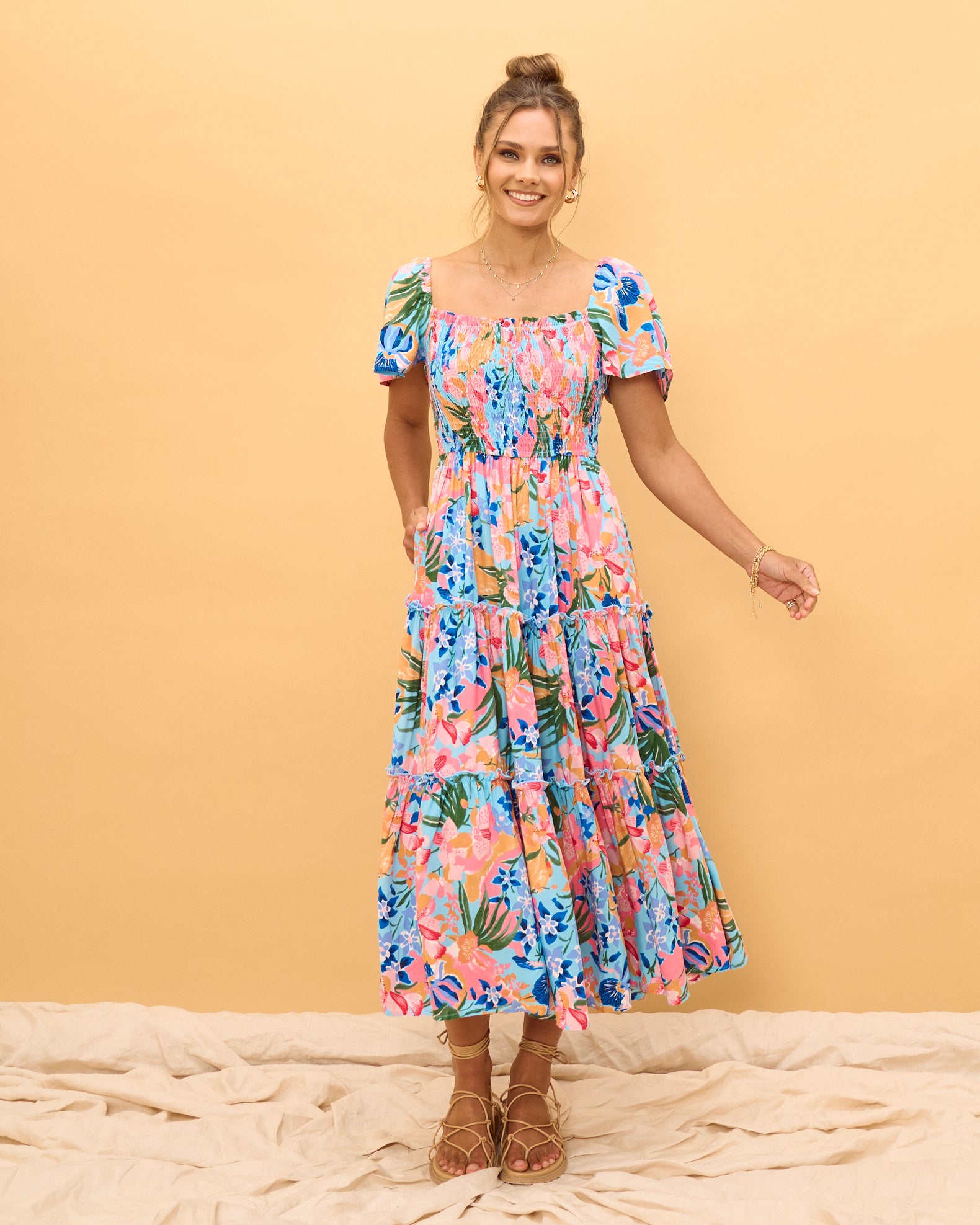 Iridiana Pink Blue Floral Tiered Midi Dress