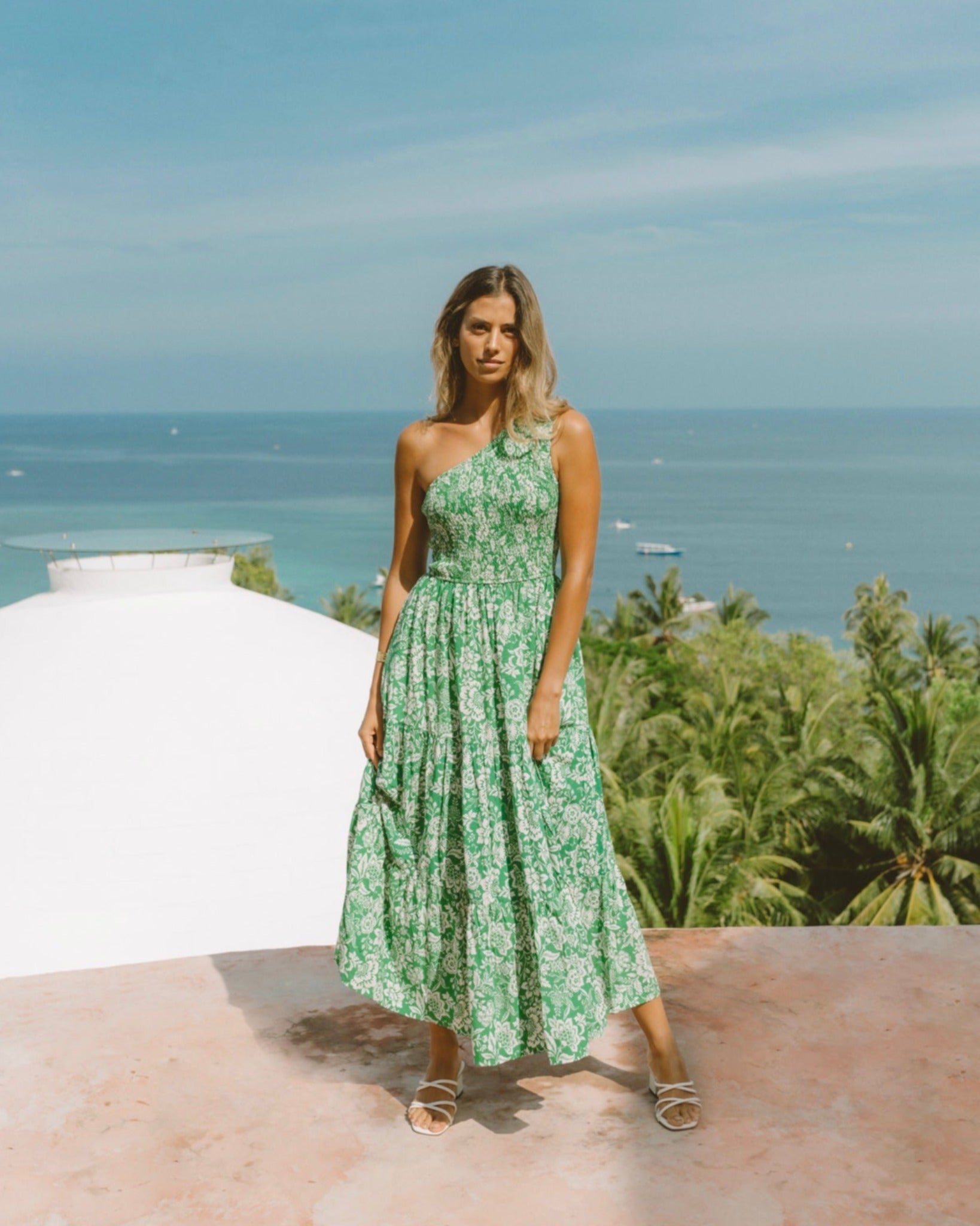 Miah Green Floral One Shoulder Midi Dress