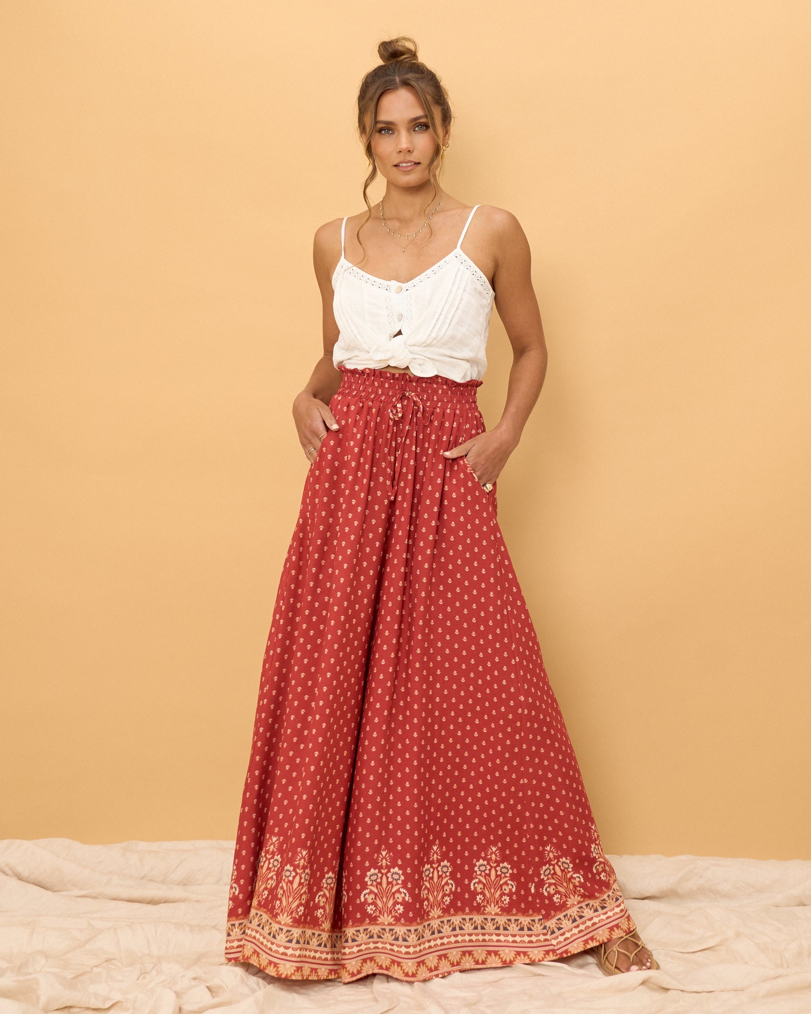 Ember Red Boho Wide Leg Pants