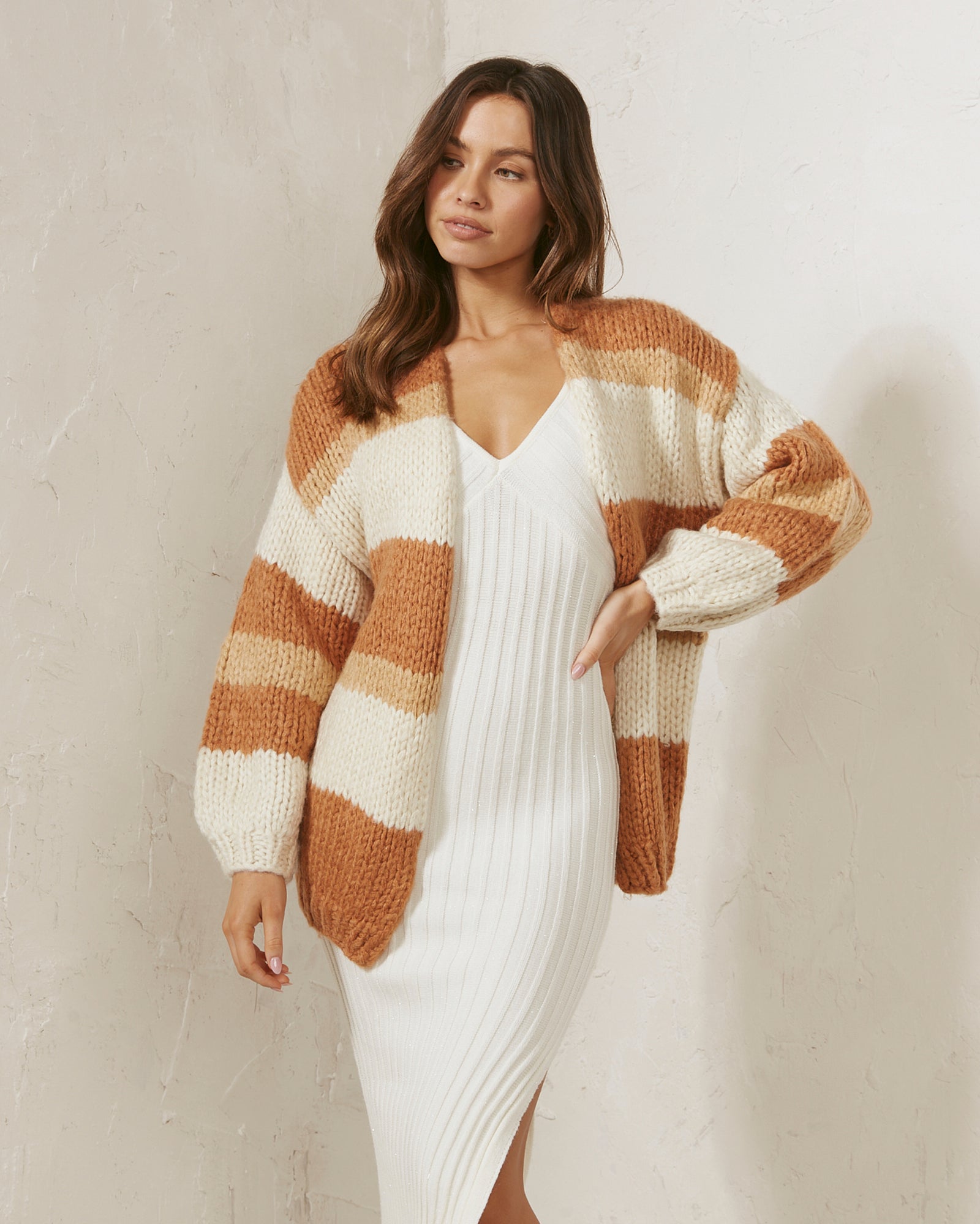 Elliot Camel Stripe Knit Cardigan