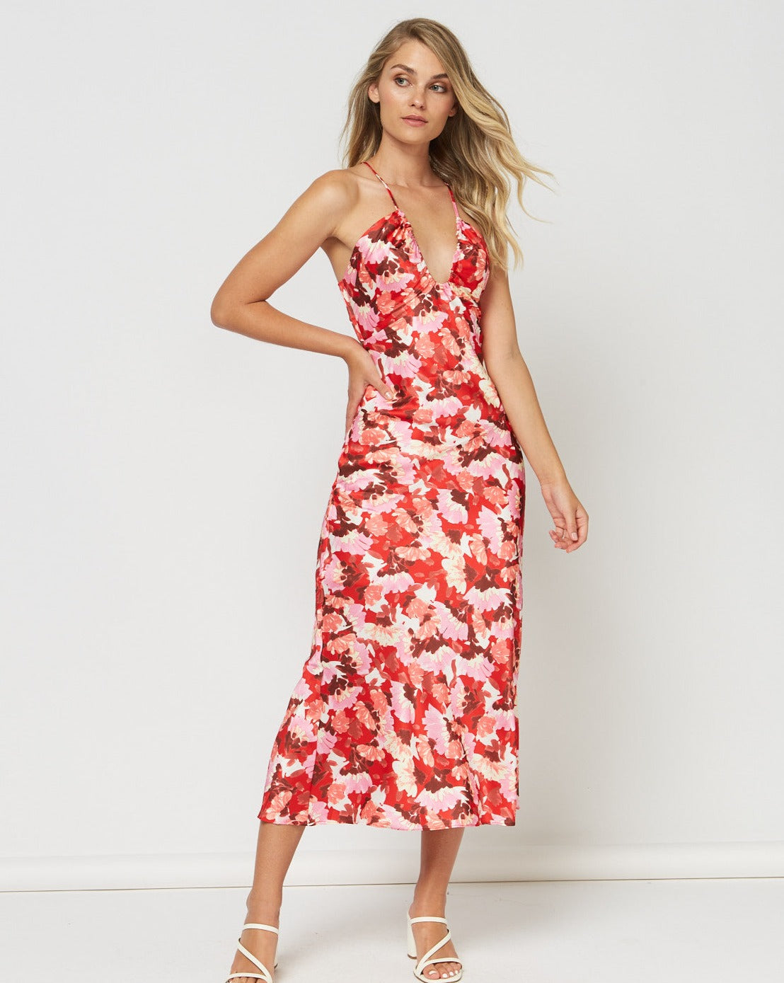 Gloria Red Floral Cut Out Floral Midi Dress