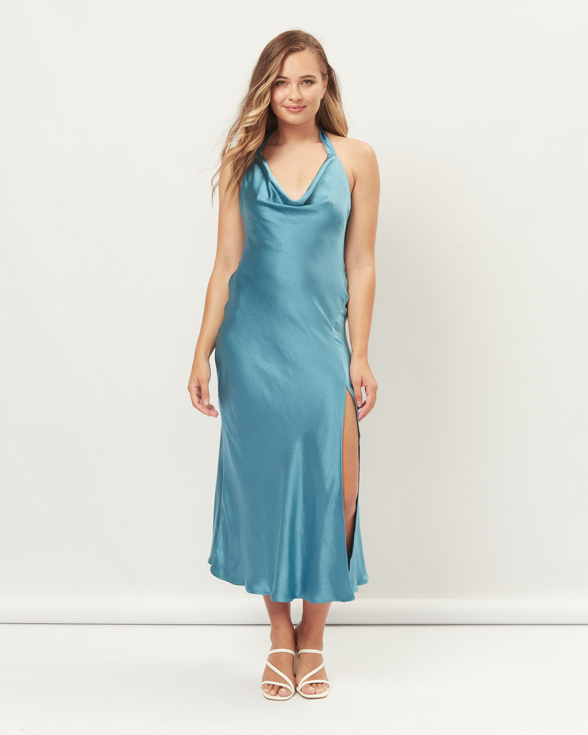 Lola Blue Cowl Halter Neck Midi Dress