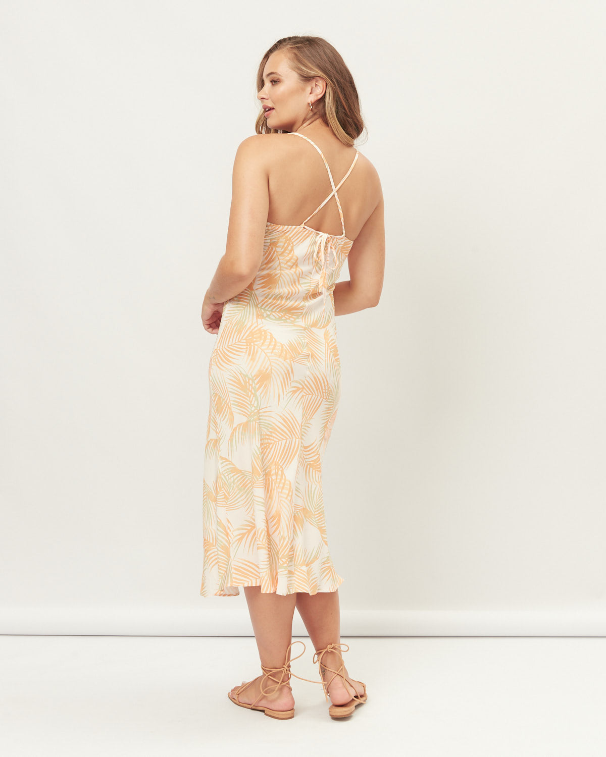 Odessa Orange Palm Leaves Midi Dress