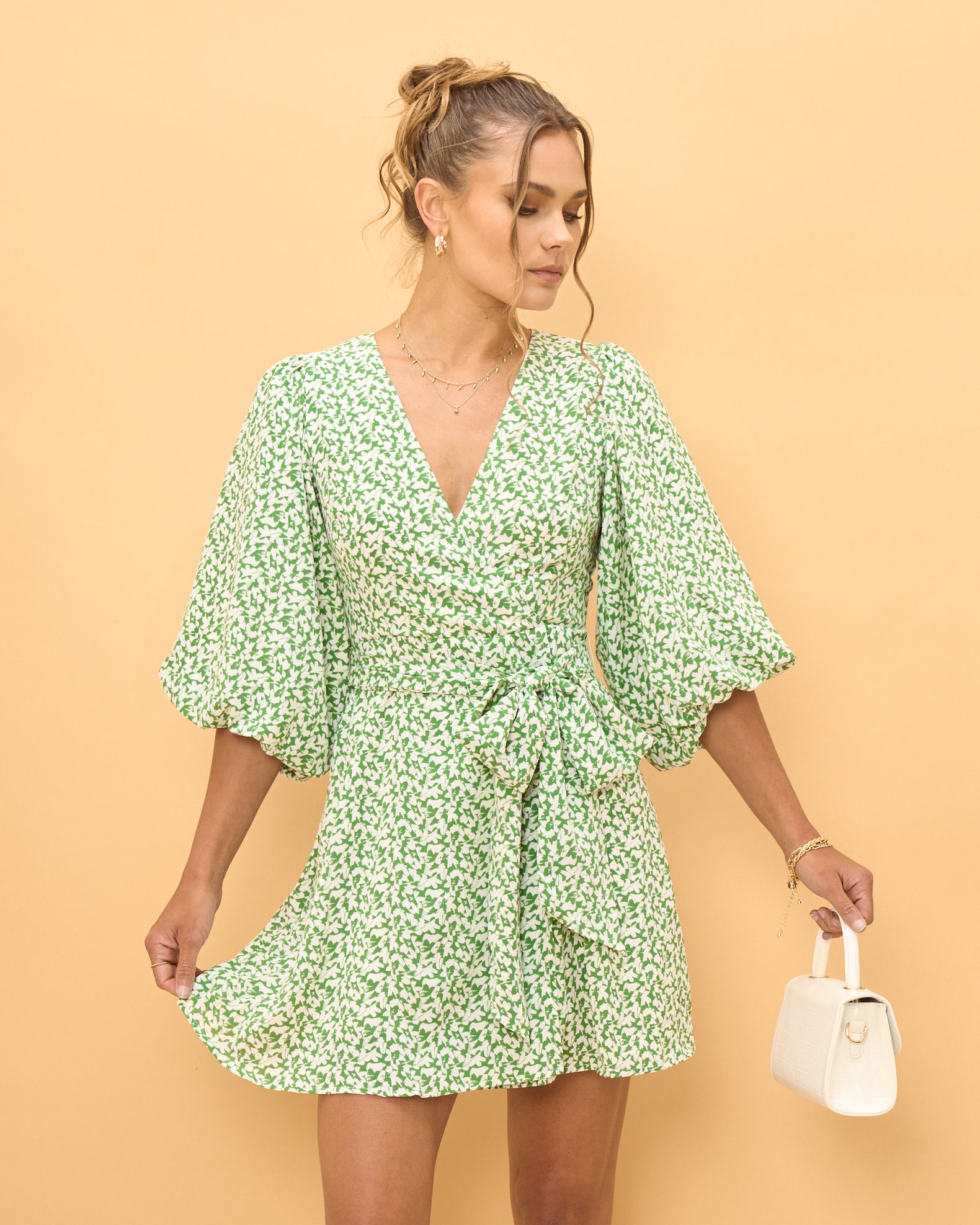 Yuisa Green Floral Puff Sleeve Wrap Mini Dress