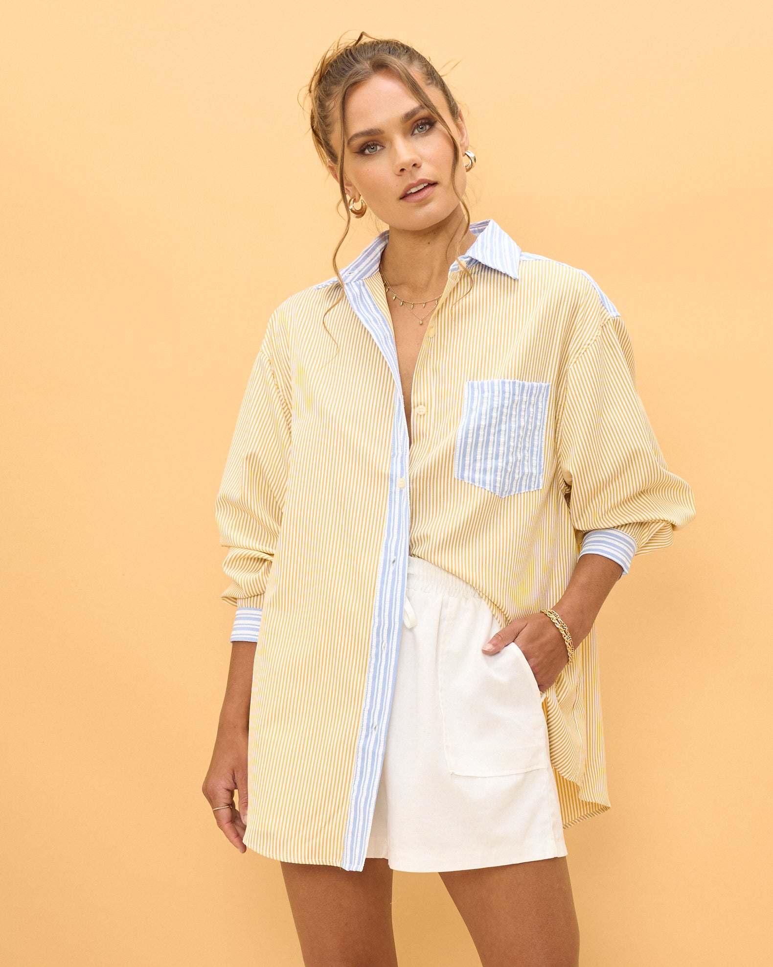 Tia Mustard Blue Contrast Stripe Oversized Shirt