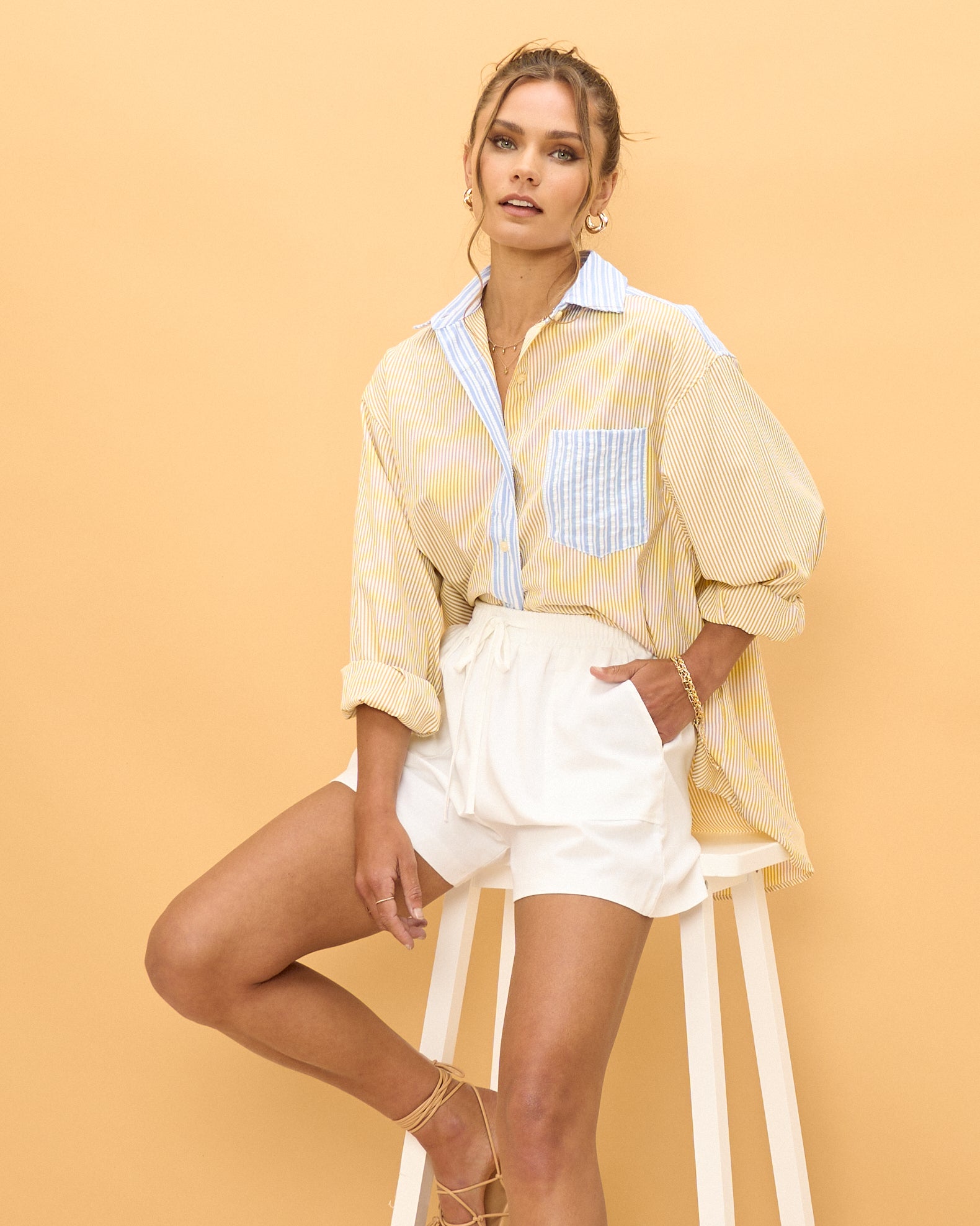 Tia Mustard Blue Contrast Stripe Oversized Shirt