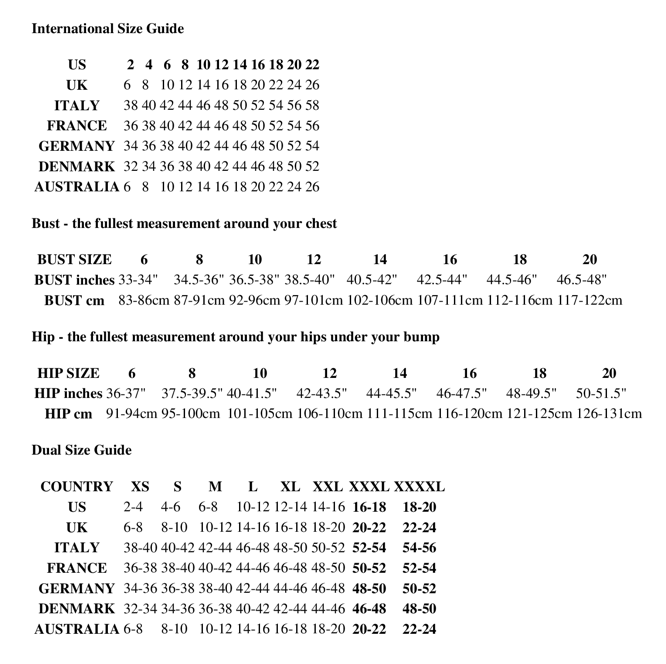 Seraphine International Size Chart