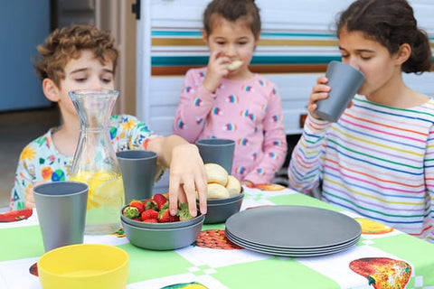 kids using our bamboo camping dinnerware