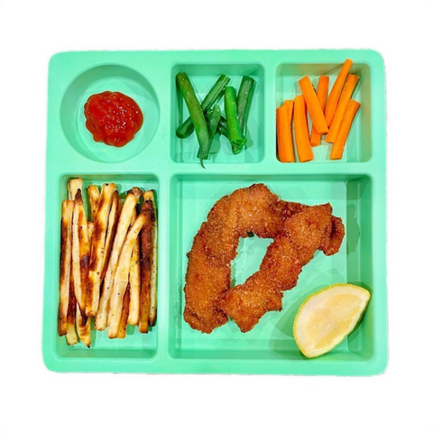 divided plate with food in the compartments
