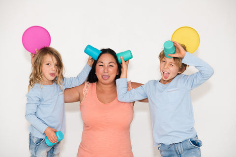 Mum and kids being silly with bobo & boo plates & cups