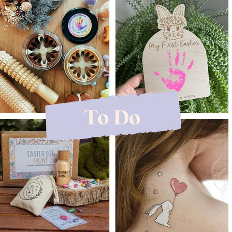 Non chocolate Easter gift ideas - to do - image of play dough, Easter hand print, Easter potion making kit, Easter temporary tattoo