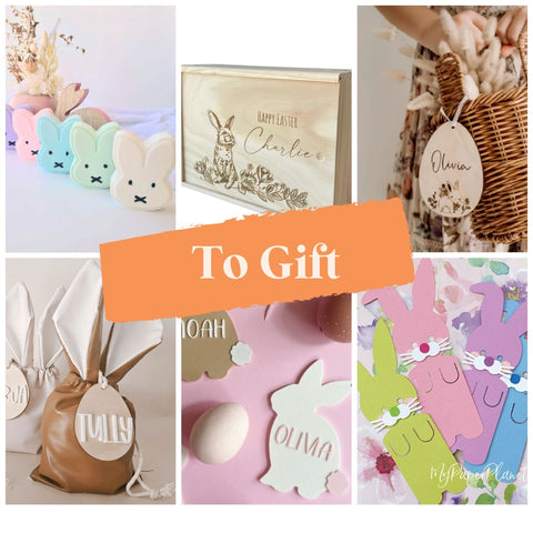 no chocolate easter ideas for kids - to gift - photos of bunny bath bombs, easter wooden gift box, easter gift tag, easter bunny bag, easter bunny bookmark