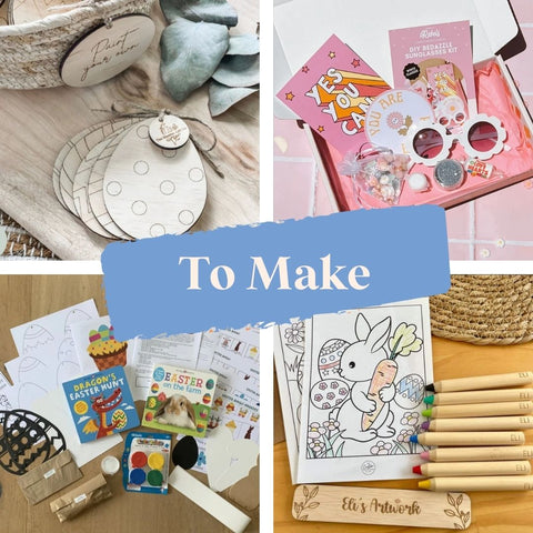 No Chocolate easter gifts for toddlers - to make. Photos of wooden easter egg to paint, sunglasses to decorate, easter colouring page, easter craft kit for kids