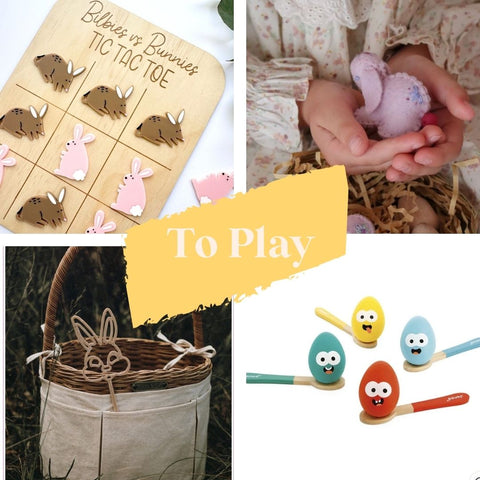 Non Chocolate Easter Kids Gift ideas - to play - photos of a tic tac toe easter bilby board, felt bunny, bunny shaped bubble wand, wooden egg and spoon game
