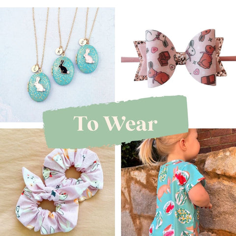 no chocolate easter egg hunt gift idea - to wear. Photos of a easter bunny necklace, easter hair bow, easter scrunchie, easter bilby t-shirt