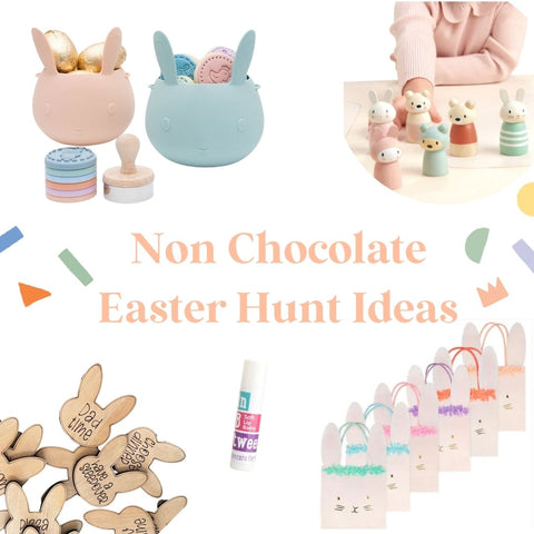 Non Chocolate Easter Hunt Ideas  text with photos of easter basket ideas, wooden bunny figures and bunny shaped wooden activity idea tiles
