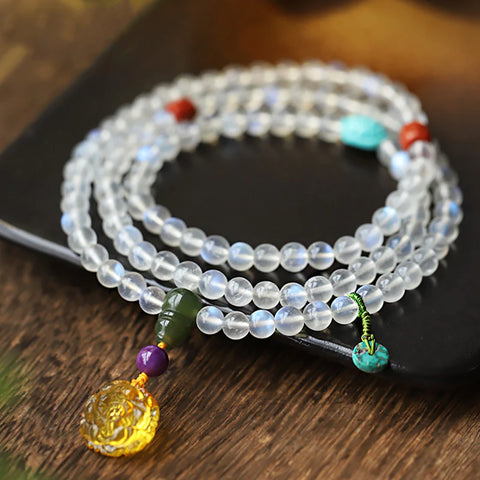 Buddha Stones 108 Mala Beads Moonstone Amber Lotus Turquoise Crystal Healing Bracelet