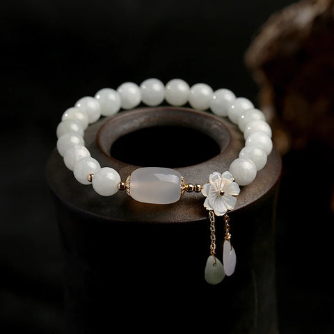 Buddha Stones Natural White Jade Luck Protection Bracelet