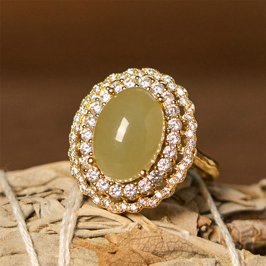 Buddha Stones Natural Hetian Jade Egg Hollow Double Circle Zirconia Copper Open Abundance Ring Image 1