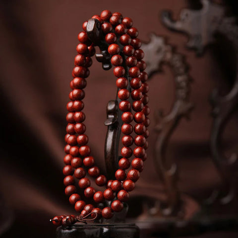 Buddha Stones Tibetan Small Leaf Red Sandalwood 108 Beads Mala Meditation Bracelet