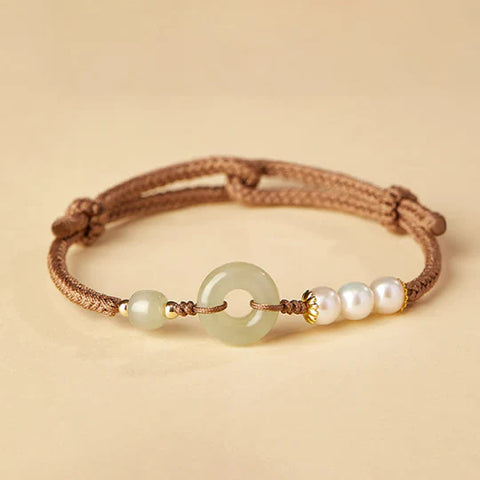 Buddha Stones Natural Hetian Jade Pearl Peace Buckle Luck Bracelet