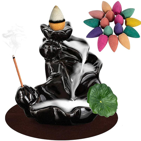 Handcrafted Waterfall Incense Holder Backflow Cone Ceramic Burner with 20 Free Cones