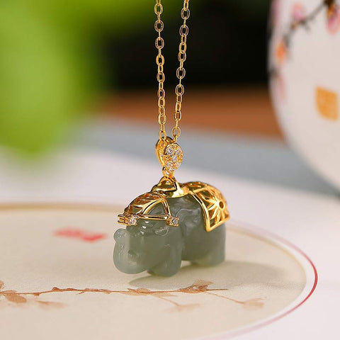 Buddha Stones 925 Sterling Silver Jade Elephant Blessing Fortune Necklace Chain Pendant
