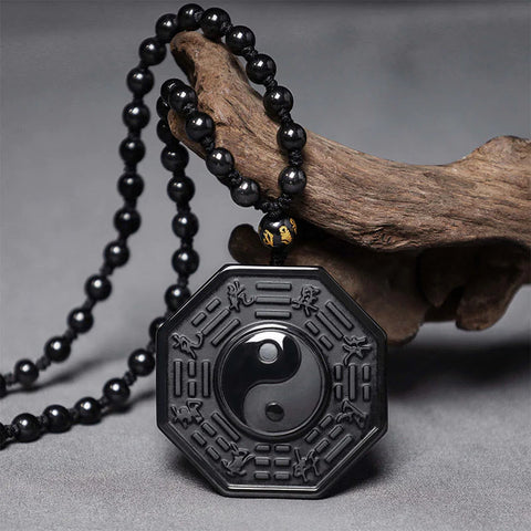 Buddha Stones Black Obsidian Stone Yin Yang Pendant Necklace