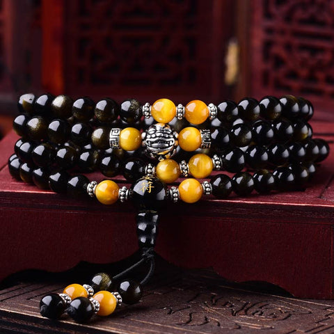 Buddha Stones 108 Beads Black Obsidian Tiger Eye Lazurite Mala Bracelet