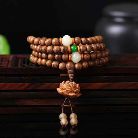 Buddha Stones 108 Mala Beads Agarwood White Jade Lotus Prayer Meditation Bracelet