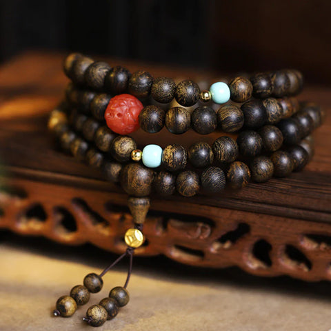 108 Mala Beads Agarwood Red Agate Turquoise Peace Meditation Bracelet