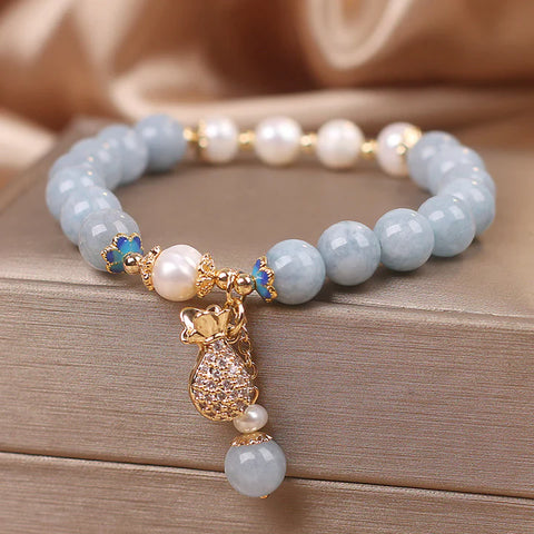 Buddha Stones Aquamarine Pearl Fortune Money Bag Charm Bracelet