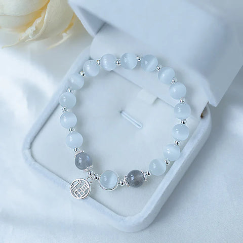 Buddha Stones Cat's Eye Moonstone Fu Character Ball Charm Support Bracelet