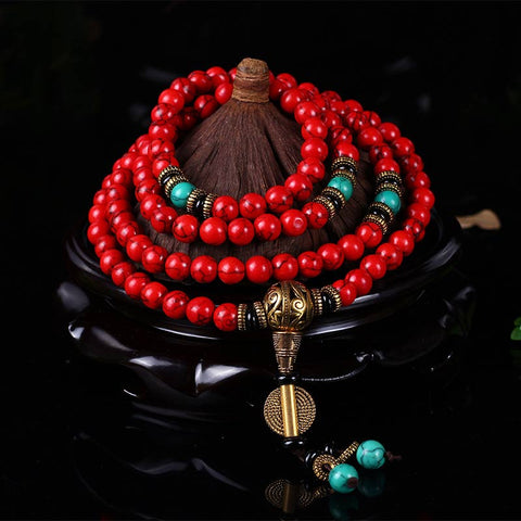 Buddha Stones Tibetan Mala Red Turquoise Lucky Necklace Bracelet