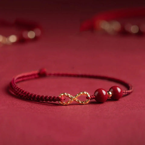 Buddha Stones Cinnabar Blessing Red String 14K Gold Infinity Symbol Bracelet Anklet