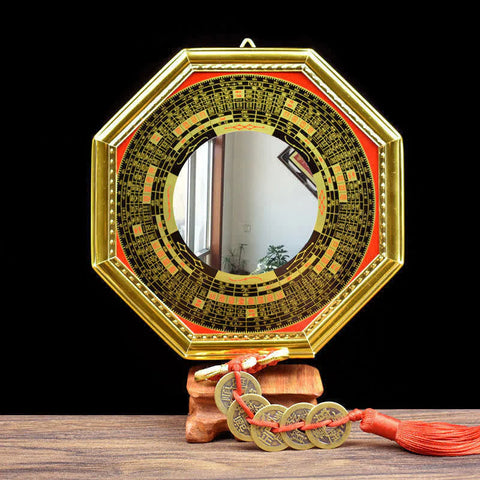 Buddha Stones Feng Shui Bagua Map Five-Emperor Coins Gourd Balance Living Room Energy Map Mirror