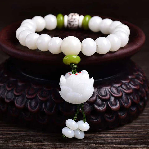 Buddha Stones Lotus Natural White Bodhi Seed Luck Bracelet