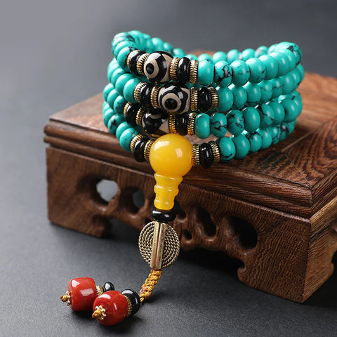 Buddha Stones Natural Turquoise Three-eyed beads Purification Necklace Bracelet