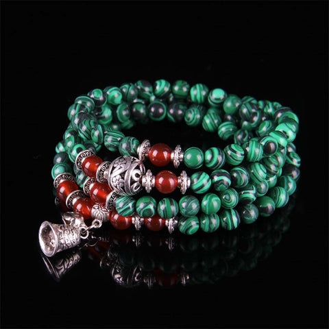 Buddha Stones Tibetan 108 Beads Malachite Red Agate Bell Protection Bracelet Mala