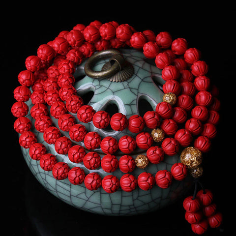 Buddha Stones Tibetan Cinnabar Lotus Bead Prosperity Bracelet Mala