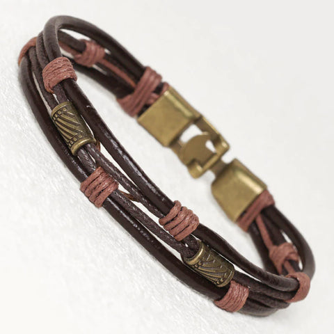 Buddha Stones Vintage Leather Wrist Band Brown Rope Layered Bracelet Bangle