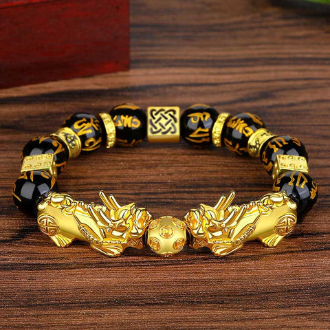 Buddha Stones FengShui Double PiXiu Obsidian Om Mani Padme Hum Wealth Bracelet